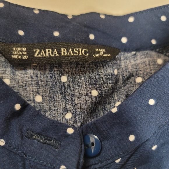 Zara Basic Womens Navy Blue Polka Dot Long Sleeve Lace Trim Dress - Picture 1 of 9